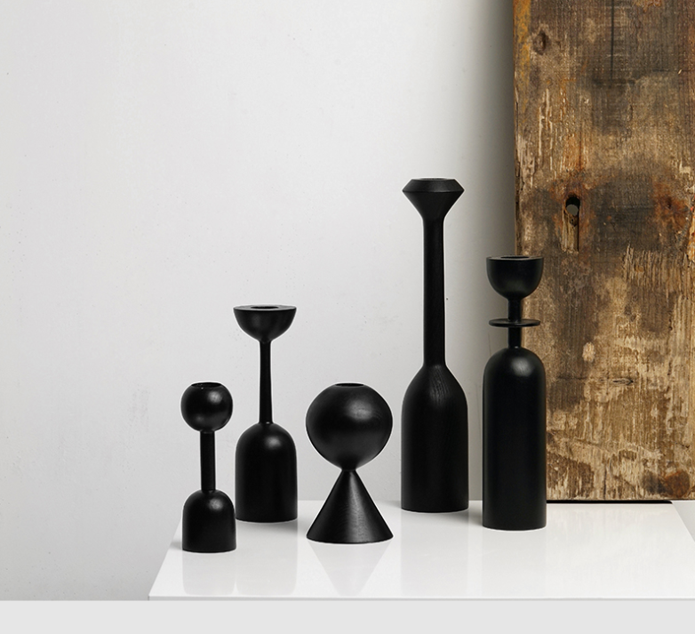 Black Wood Candle Holder | Table Decoration: C